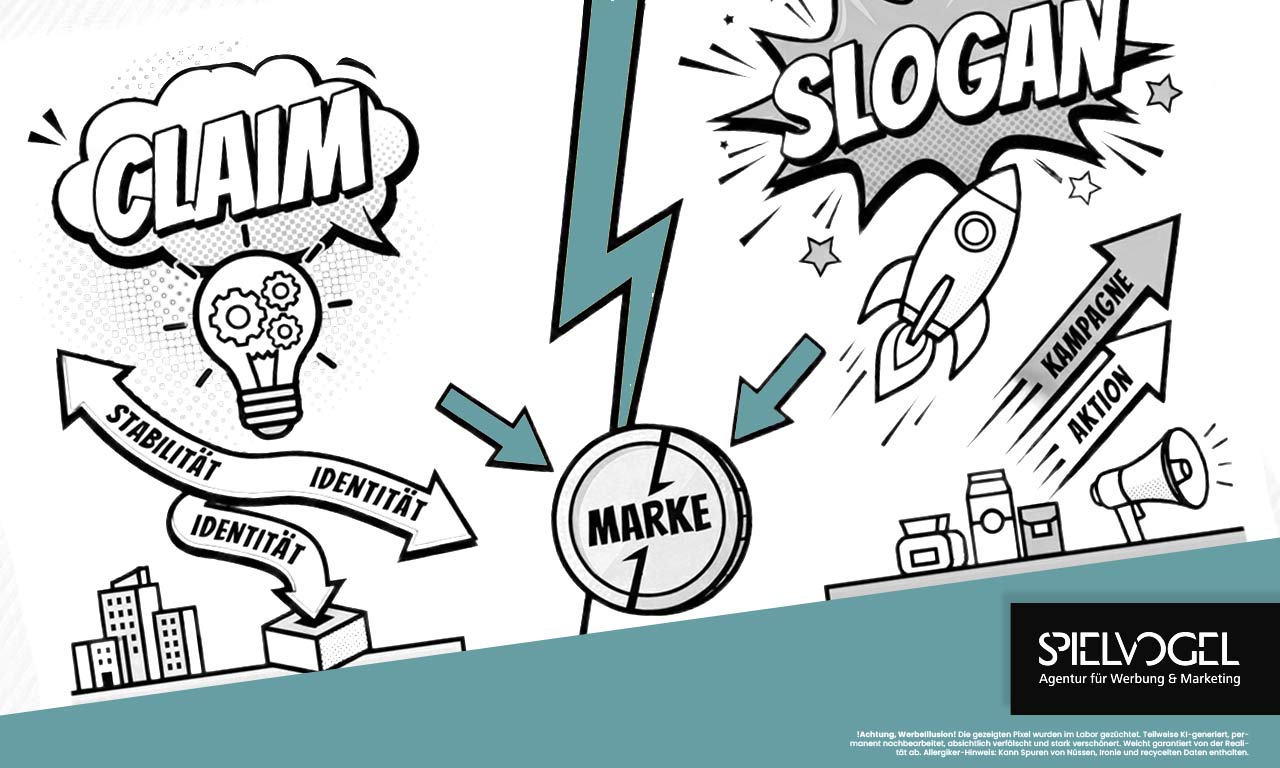 Pop-Art Infografik zum Vergleich von Claim und Slogan im Marketing: Der Claim als stabiles Fundament der Markenidentität gegenüber dem Slogan als dynamisches Werkzeug für Kampagnen und Aktionen