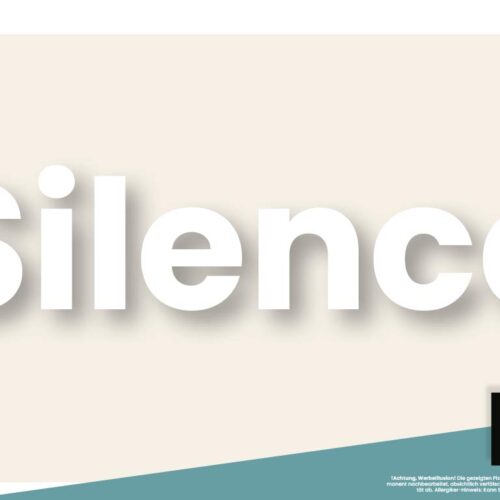 Farbe des Monats September 2026 - Silence: elegante weiße 3D-Typografie auf Pantone 11-0610 TSX Hintergrund mit Schatteneffekt - Trendfarben und Farbpsychologie