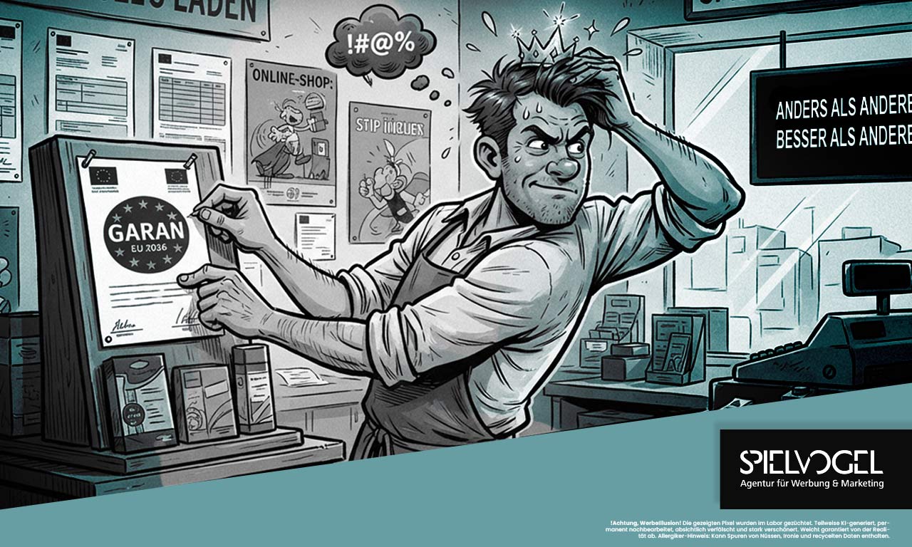 Comic-Illustration eines trotzigen Ladeninhabers, der trotz Bürokratie-Frust das Krönchen richtet und ein EU-Garantielabel anbringt. Ein Schild im Laden signalisiert: 'Anders als andere, besser als andere'