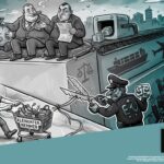 Satirische Illustration: Ein gestresster Kleinunternehmer mit Einkaufswagen kämpft gegen übermächtige EU-Zollbarrieren, während zwei reiche Konzernchefs und ein Zollbeamter den freien Warenverkehr für Großkonzerne sichern.