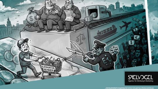 Satirische Illustration: Ein gestresster Kleinunternehmer mit Einkaufswagen kämpft gegen übermächtige EU-Zollbarrieren, während zwei reiche Konzernchefs und ein Zollbeamter den freien Warenverkehr für Großkonzerne sichern.