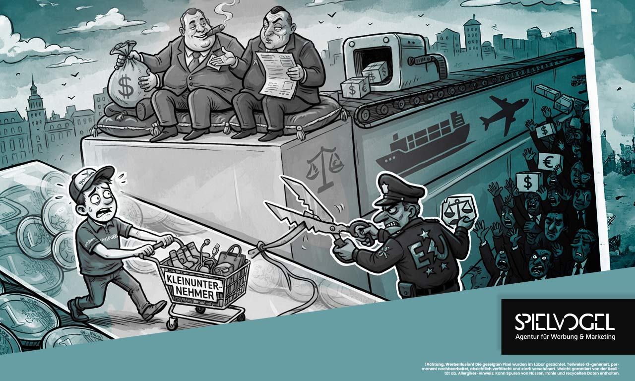 Satirische Illustration: Ein gestresster Kleinunternehmer mit Einkaufswagen kämpft gegen übermächtige EU-Zollbarrieren, während zwei reiche Konzernchefs und ein Zollbeamter den freien Warenverkehr für Großkonzerne sichern.