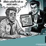 Überarbeiteter Kleinunternehmer sitzt verzweifelt an Akten und wird von einem unseriösen Online-Coach mit teurem Programm umworben
