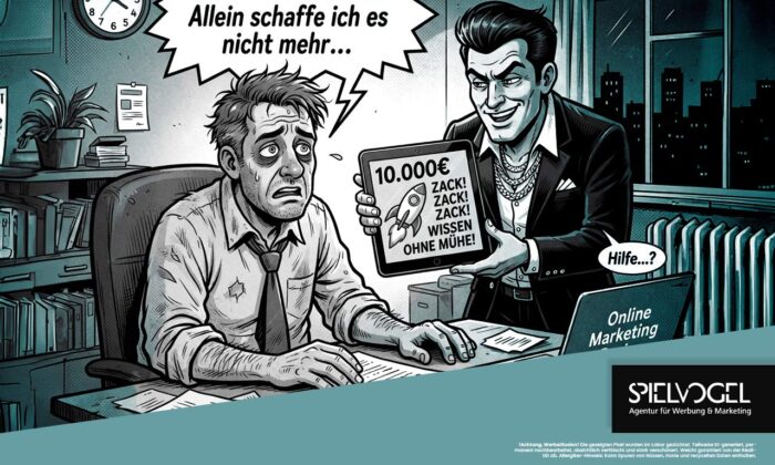 Überarbeiteter Kleinunternehmer sitzt verzweifelt an Akten und wird von einem unseriösen Online-Coach mit teurem Programm umworben
